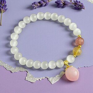 Elegant Natural Opal Beaded Dainty Stretchy Bracelet with Pink Peach Charm